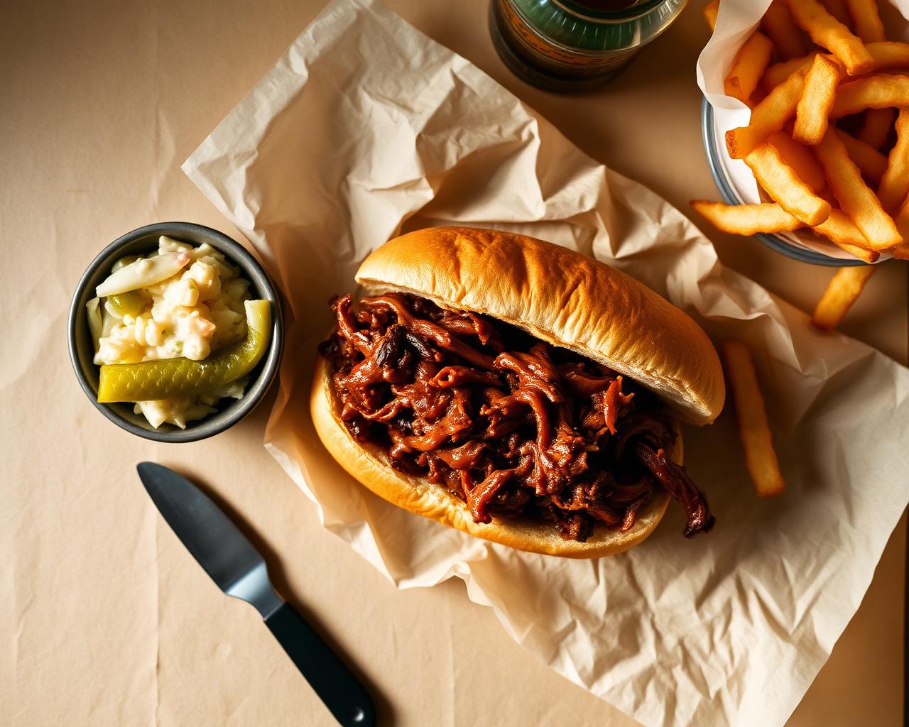 Pulled pork sandwich with pickle slaw and fries