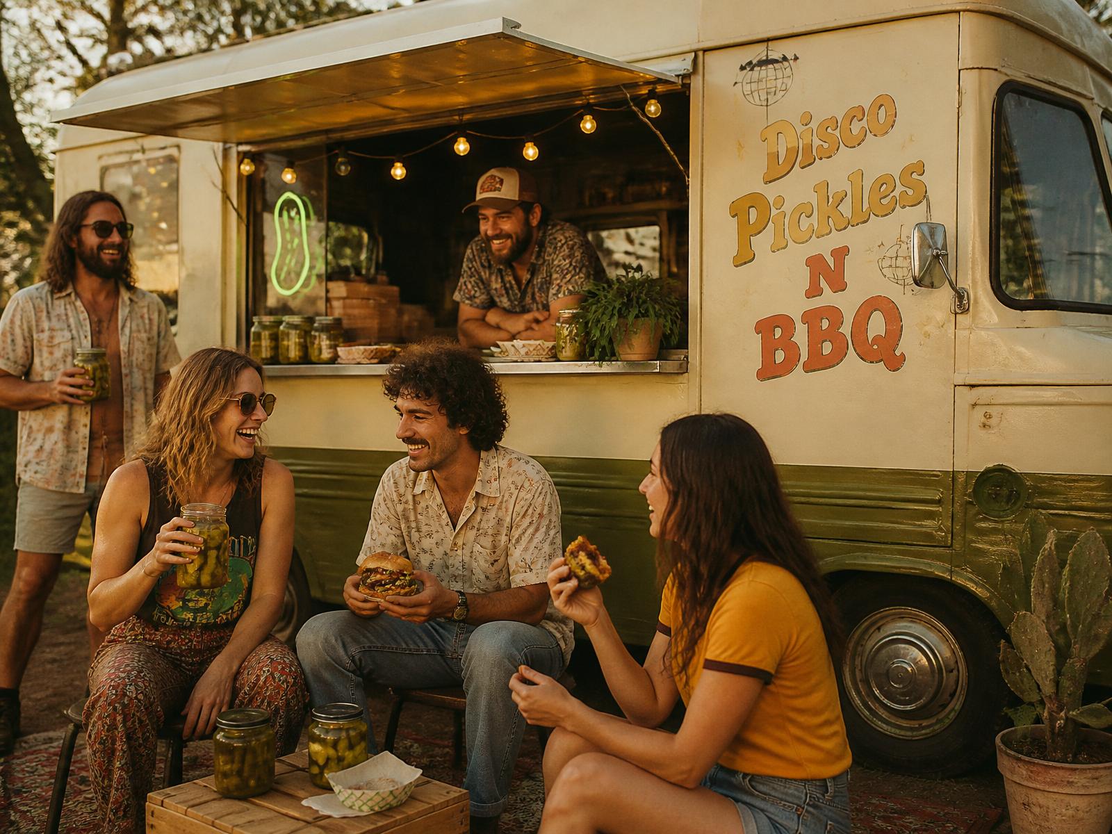 Friends laughing outside the Disco Pickles N BBQ food truck at golden hour